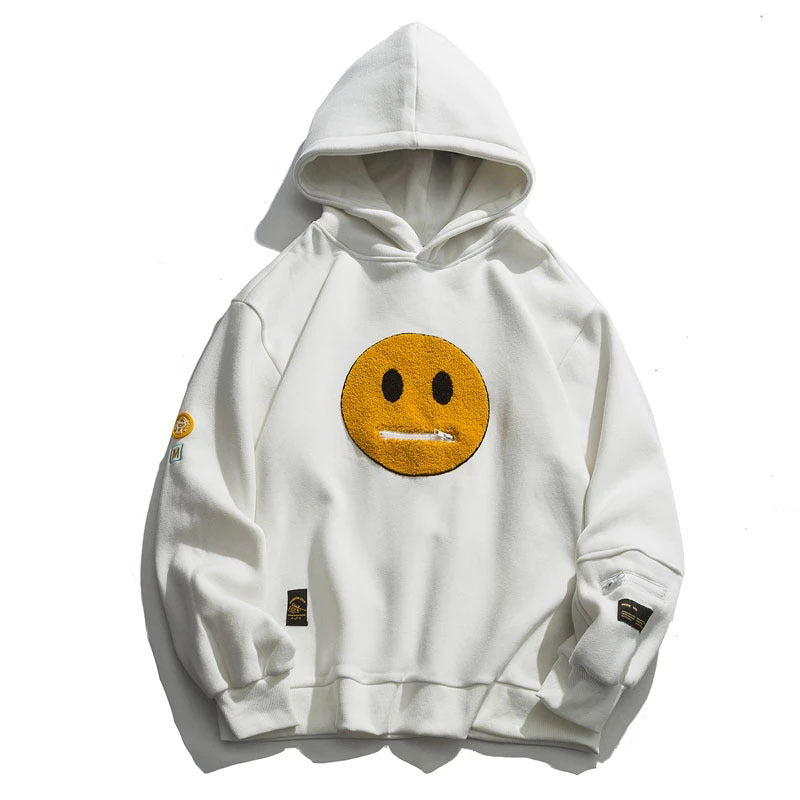 Men’s Streetwear Fleece Hoodie – Pullover Sweatshirt with Zipper Pocket & Smiley Patchwork