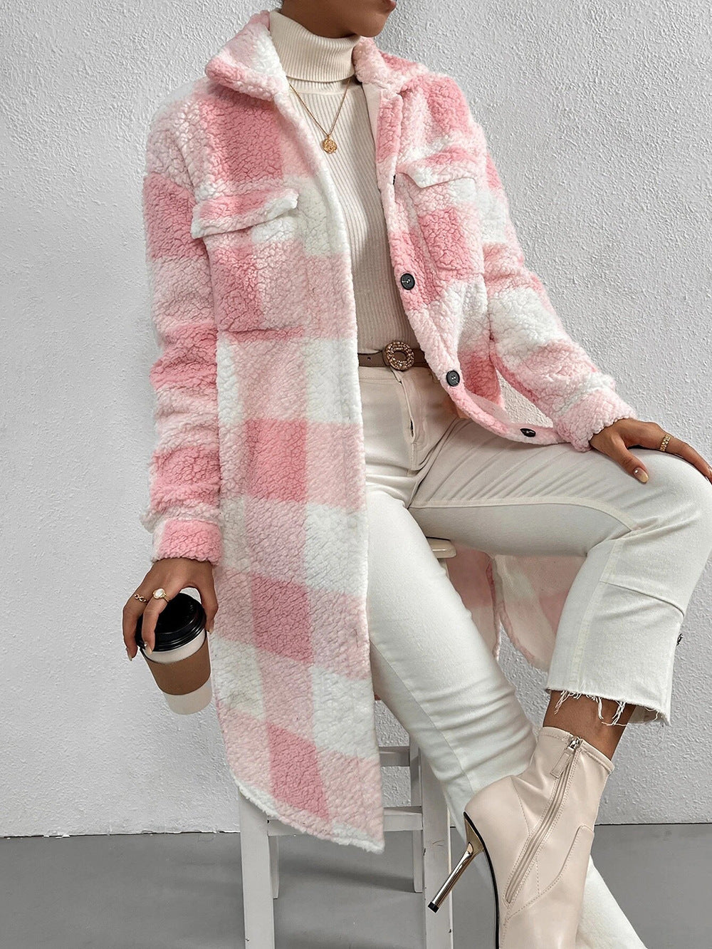 European Style Plaid Long Coat – Women’s Button-Down Plush Jacket for  2025-26 Fall/Winter