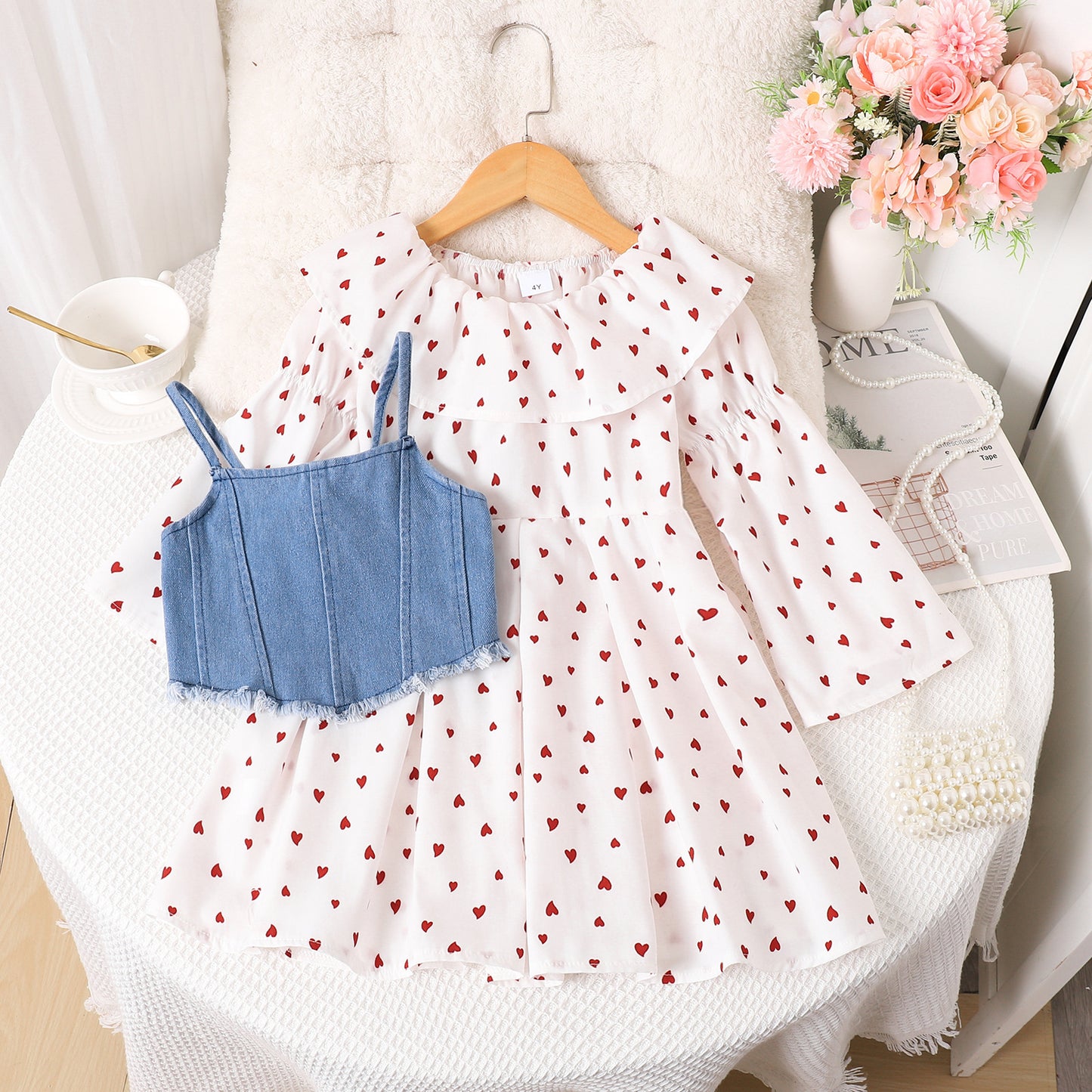 Girl's Printed Long Sleeve Dress Two-piece Set