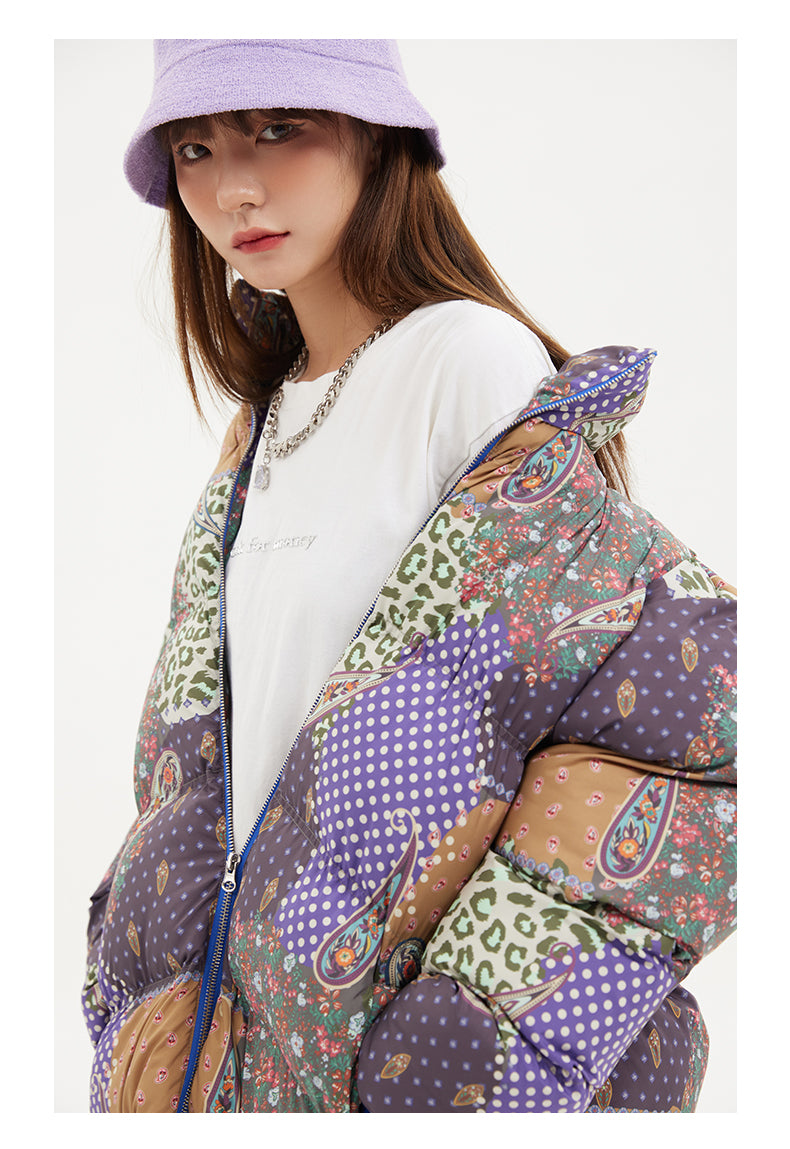 Cashew Nut Flower Thick Cotton Zip Print Thermal Jacket