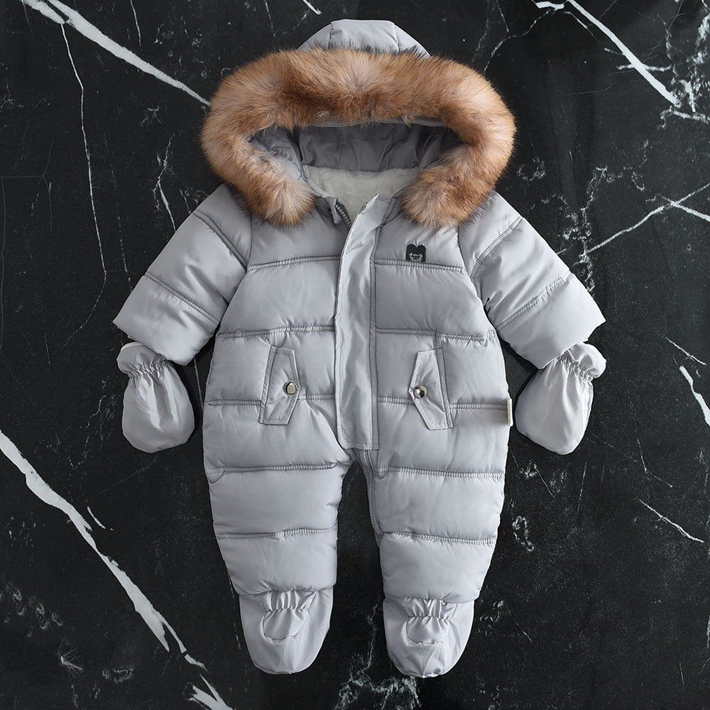 Fleece-lined Thick Large Fur Hooded Baby Jumpsuit