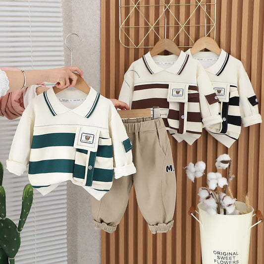 Boys And Girls Striped Large Pocket Lapels Suit