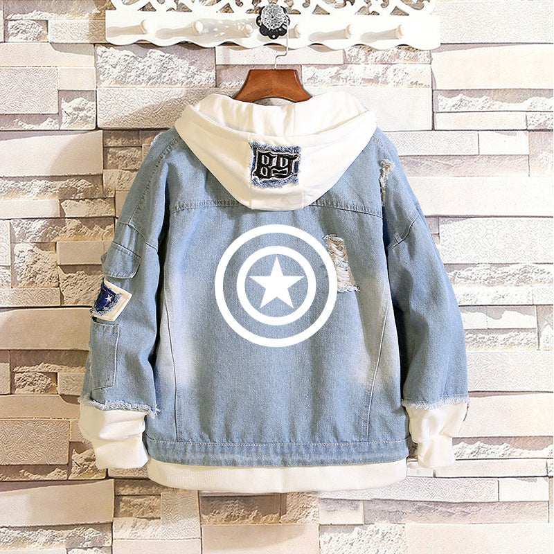 Unisex Marvel Anime Denim Jacket –  Casual Outerwear with Avengers Characters: Spider-Man, Hulk, Captain America