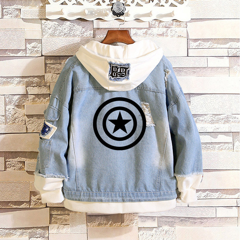 Unisex Marvel Anime Denim Jacket –  Casual Outerwear with Avengers Characters: Spider-Man, Hulk, Captain America