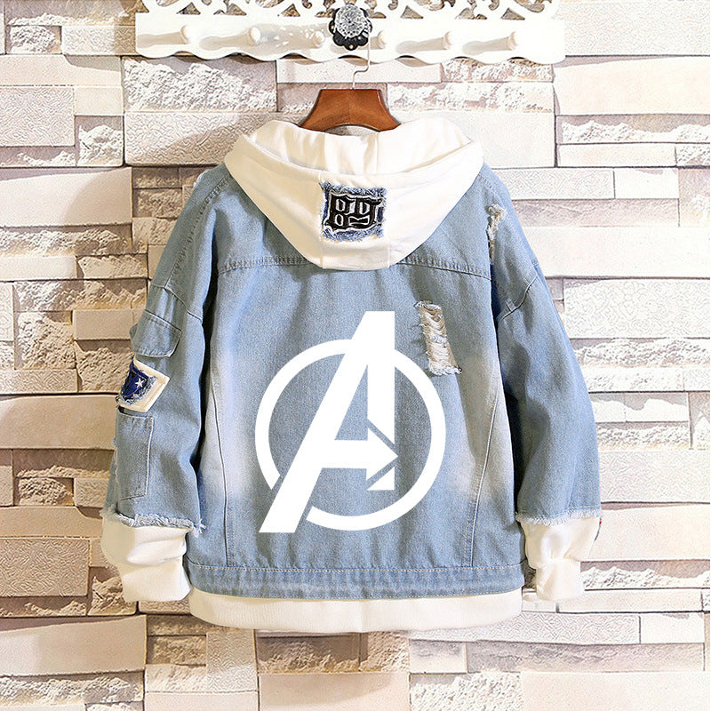 Unisex Marvel Anime Denim Jacket –  Casual Outerwear with Avengers Characters: Spider-Man, Hulk, Captain America