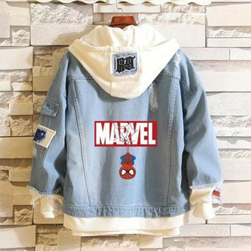 Unisex Marvel Anime Denim Jacket –  Casual Outerwear with Avengers Characters: Spider-Man, Hulk, Captain America