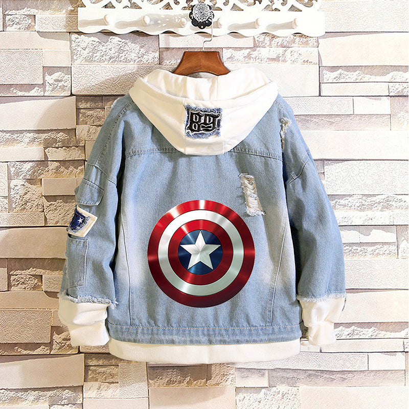 Unisex Marvel Anime Denim Jacket –  Casual Outerwear with Avengers Characters: Spider-Man, Hulk, Captain America