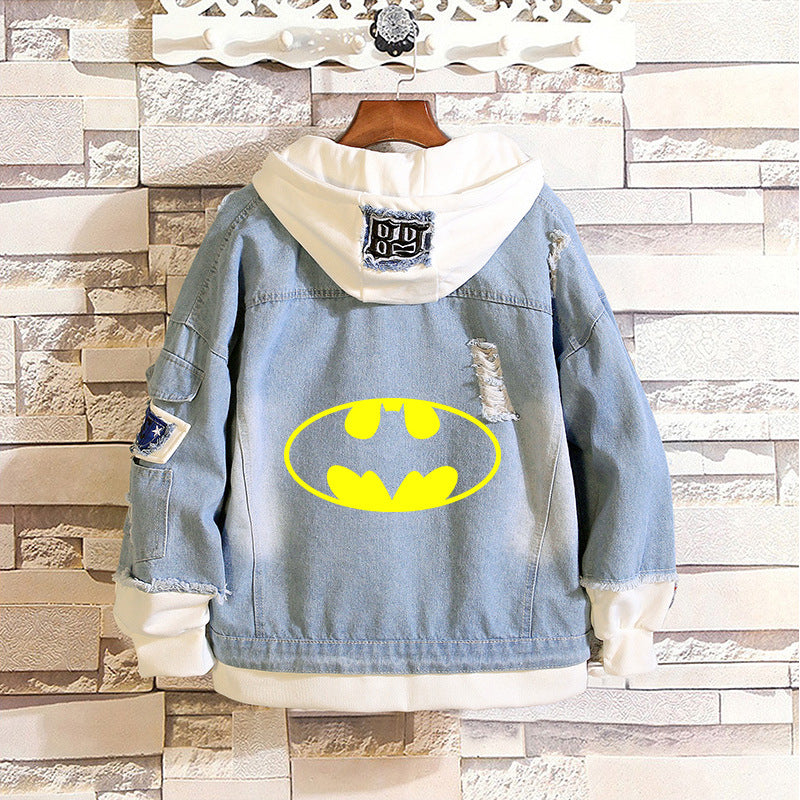 Unisex Marvel Anime Denim Jacket –  Casual Outerwear with Avengers Characters: Spider-Man, Hulk, Captain America