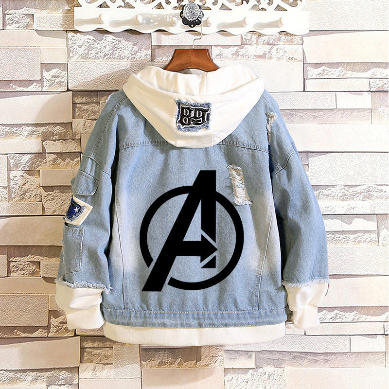 Unisex Marvel Anime Denim Jacket –  Casual Outerwear with Avengers Characters: Spider-Man, Hulk, Captain America