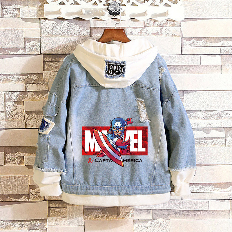 Unisex Marvel Anime Denim Jacket –  Casual Outerwear with Avengers Characters: Spider-Man, Hulk, Captain America