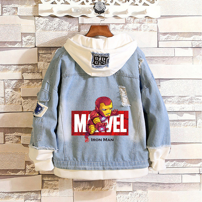 Unisex Marvel Anime Denim Jacket –  Casual Outerwear with Avengers Characters: Spider-Man, Hulk, Captain America
