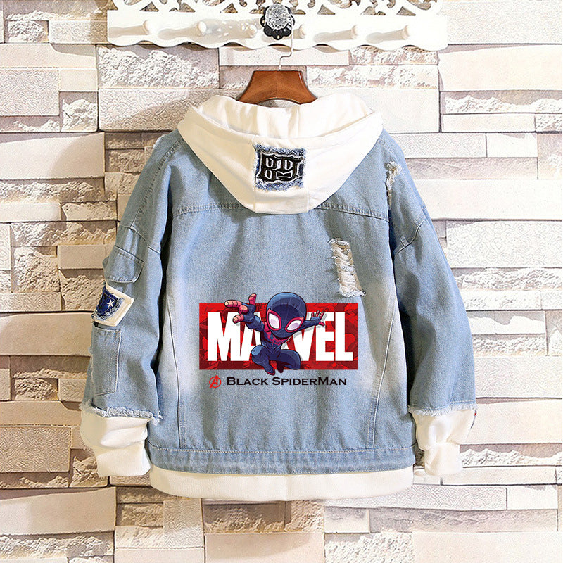 Unisex Marvel Anime Denim Jacket –  Casual Outerwear with Avengers Characters: Spider-Man, Hulk, Captain America
