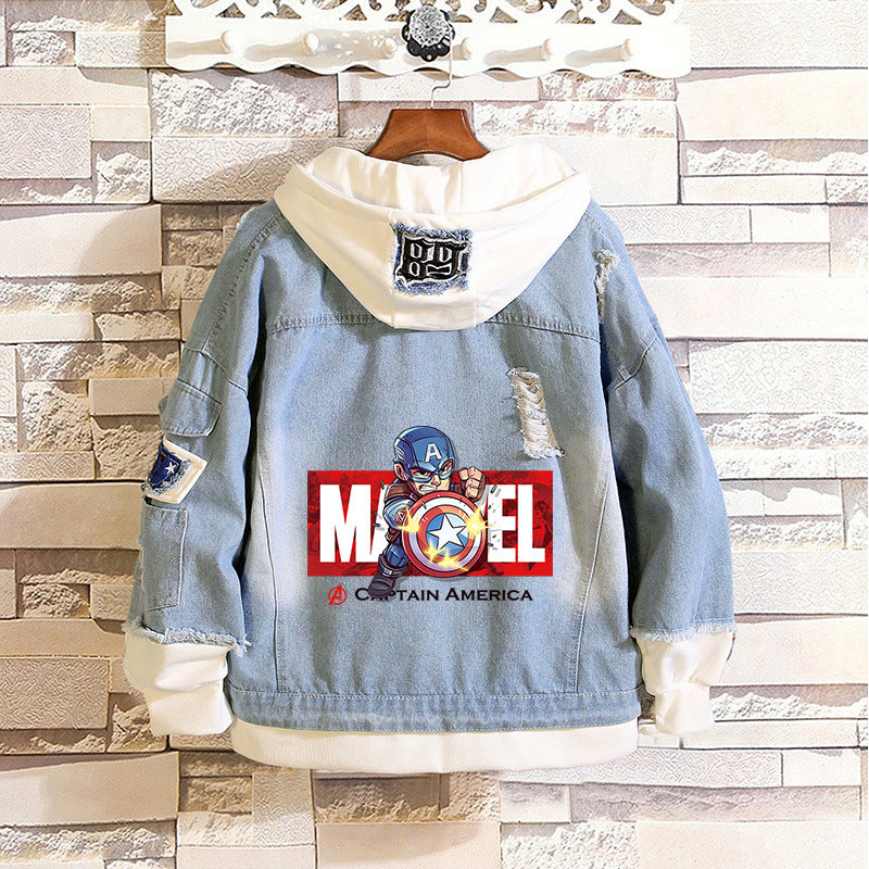 Unisex Marvel Anime Denim Jacket –  Casual Outerwear with Avengers Characters: Spider-Man, Hulk, Captain America