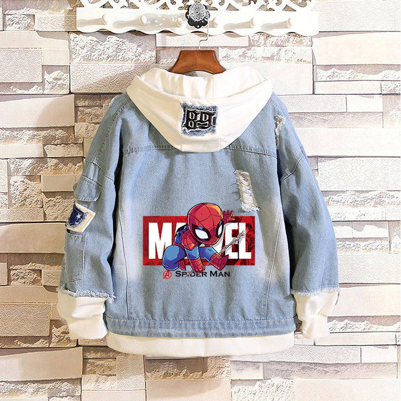 Unisex Marvel Anime Denim Jacket –  Casual Outerwear with Avengers Characters: Spider-Man, Hulk, Captain America