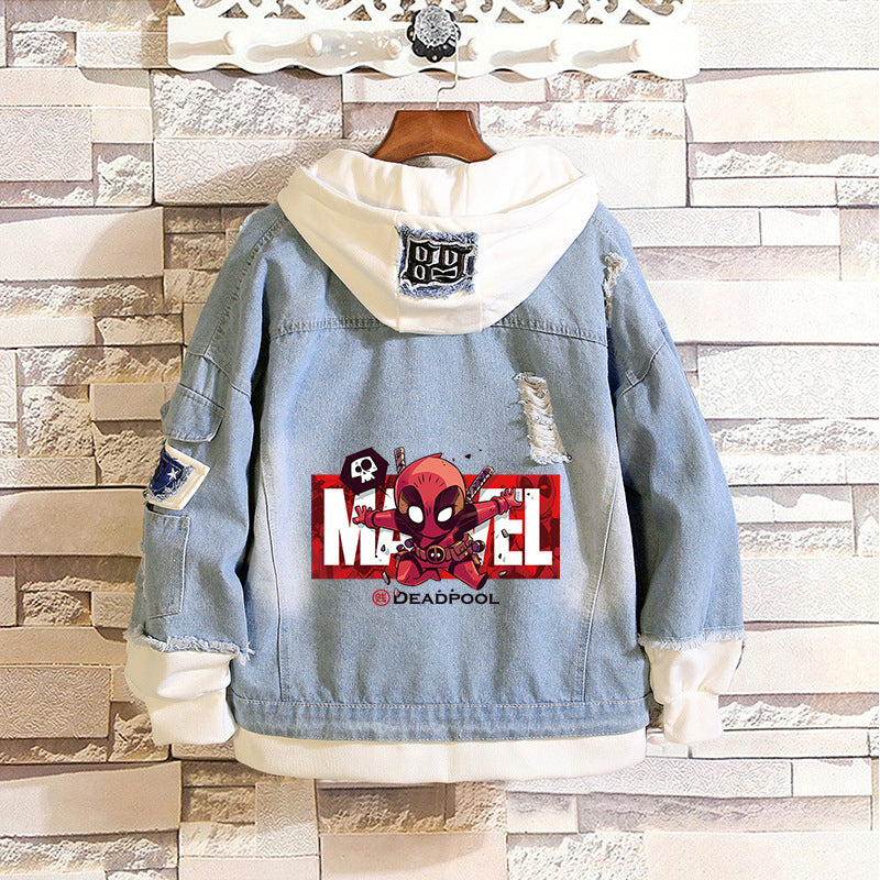 Unisex Marvel Anime Denim Jacket –  Casual Outerwear with Avengers Characters: Spider-Man, Hulk, Captain America