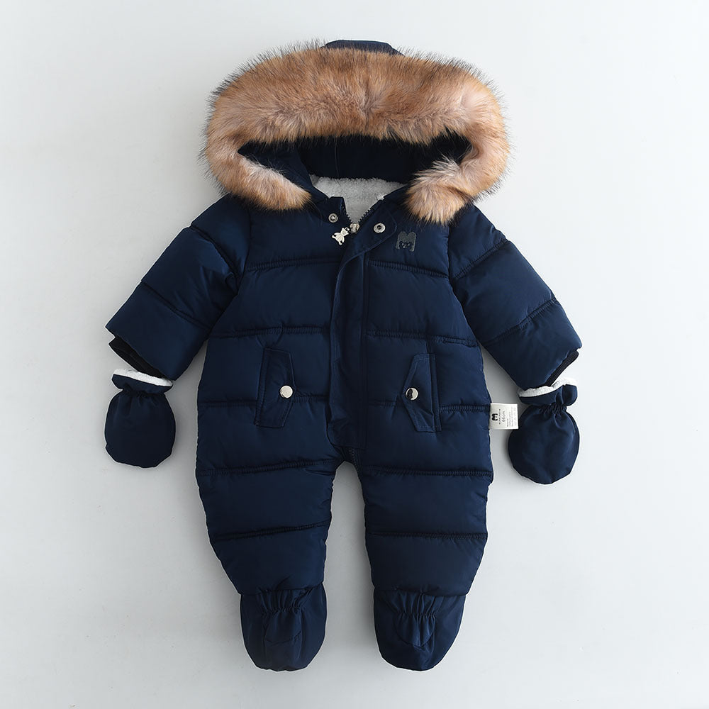 Fleece-lined Thick Large Fur Hooded Baby Jumpsuit