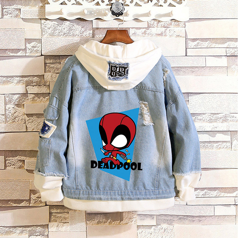 Unisex Marvel Anime Denim Jacket –  Casual Outerwear with Avengers Characters: Spider-Man, Hulk, Captain America