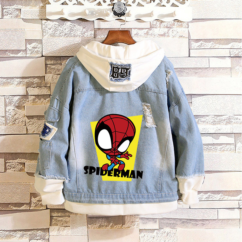 Unisex Marvel Anime Denim Jacket –  Casual Outerwear with Avengers Characters: Spider-Man, Hulk, Captain America