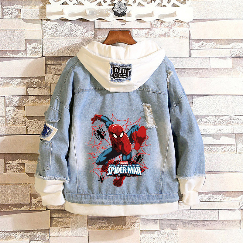 Unisex Marvel Anime Denim Jacket –  Casual Outerwear with Avengers Characters: Spider-Man, Hulk, Captain America