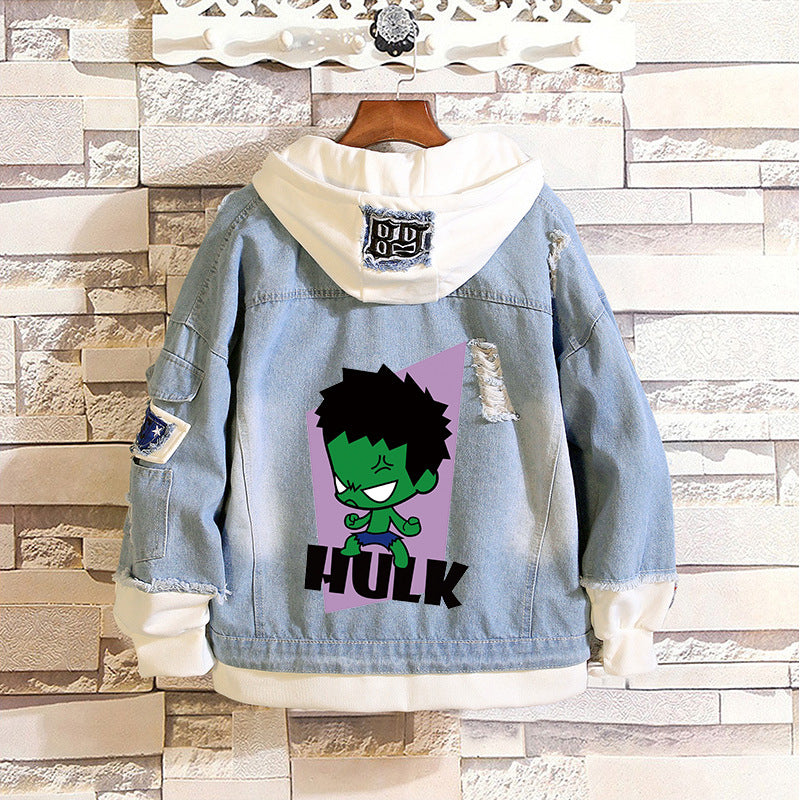 Unisex Marvel Anime Denim Jacket –  Casual Outerwear with Avengers Characters: Spider-Man, Hulk, Captain America