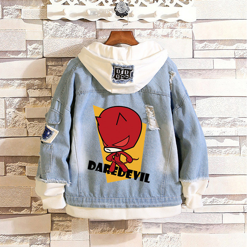 Unisex Marvel Anime Denim Jacket –  Casual Outerwear with Avengers Characters: Spider-Man, Hulk, Captain America
