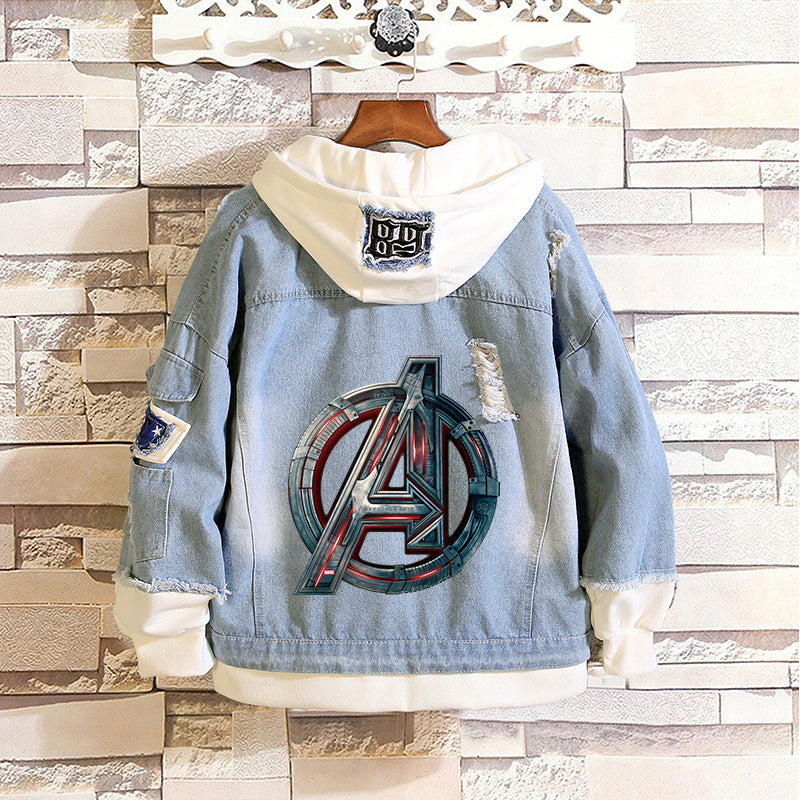 Unisex Marvel Anime Denim Jacket –  Casual Outerwear with Avengers Characters: Spider-Man, Hulk, Captain America