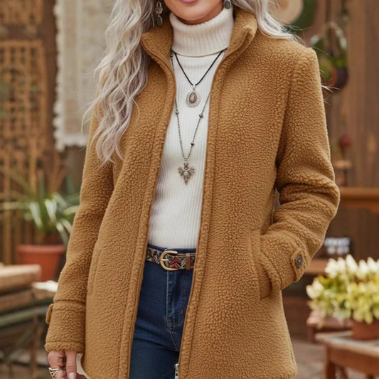 Womens Stand-Up Collar Solid-Color Loose Casual Long-Sleeve Fleece Zip-Up Jacket