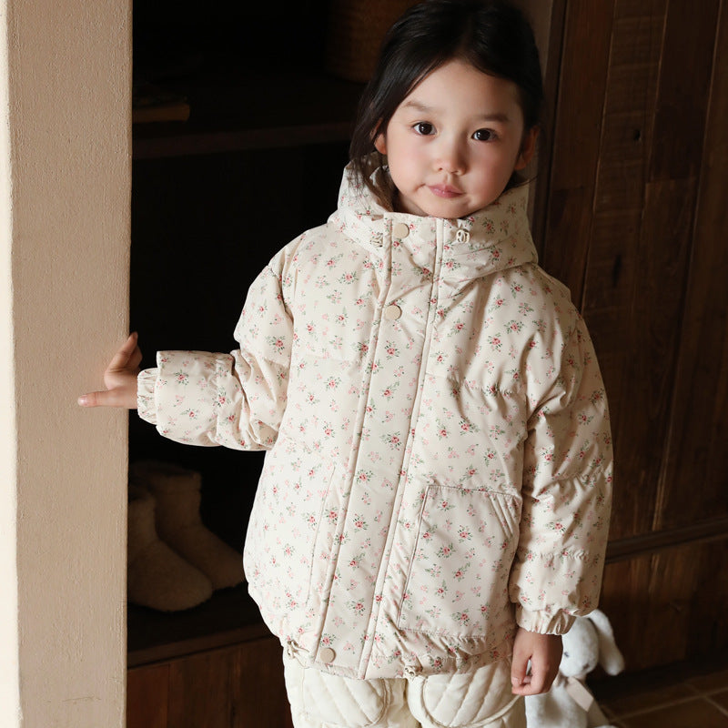Children's Down Jacket Korean Floral Girl Cute Fashionable Baby Cold Protective Clothing Warm Coat