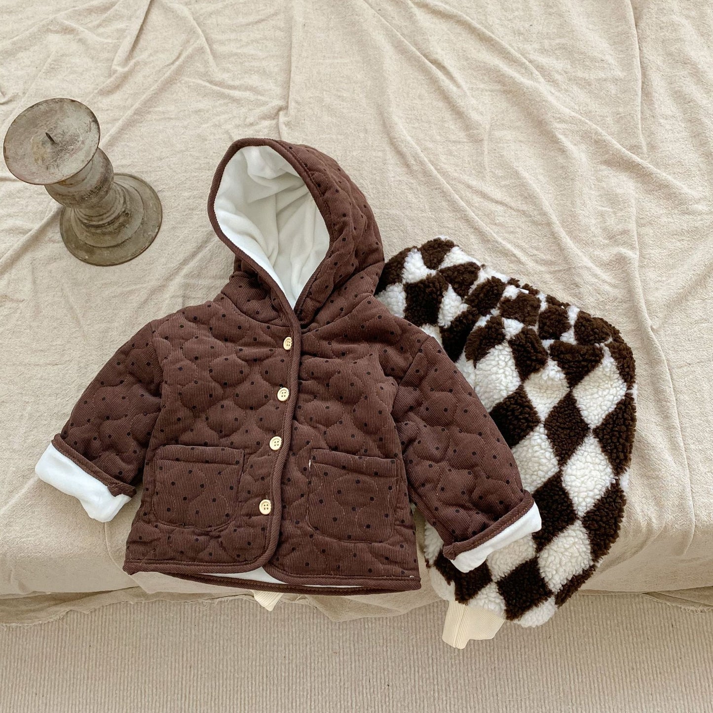 New Baby Cotton Thickened Long Sleeve Dotted Cardigan Hooded Coat
