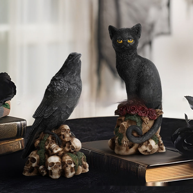 Mysterious Dark Style Skeleton Animal Cat And Crow Statue Decoration