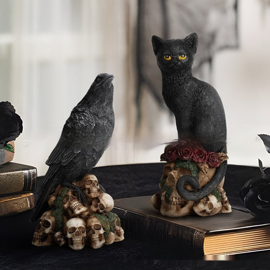 Mysterious Dark Style Skeleton Animal Cat And Crow Statue Decoration