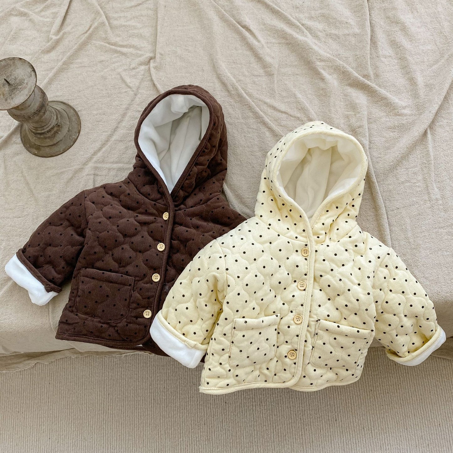 New Baby Cotton Thickened Long Sleeve Dotted Cardigan Hooded Coat