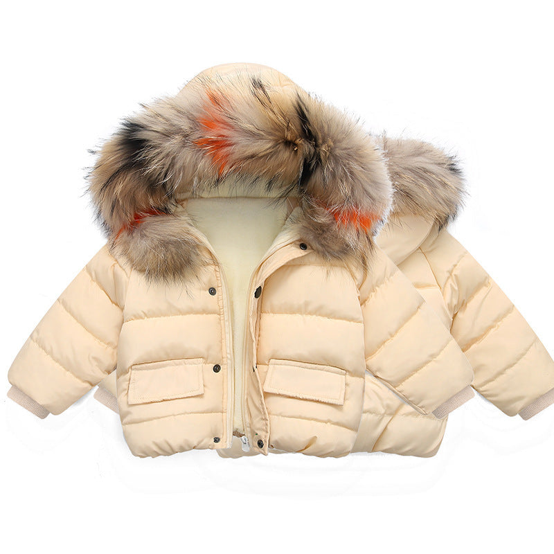 Girls Padded Cotton Clothes Infant Color Fur Collar Hand Plug Cotton Hooded Children's Cotton Clothes