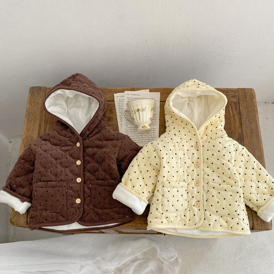 New Baby Cotton Thickened Long Sleeve Dotted Cardigan Hooded Coat