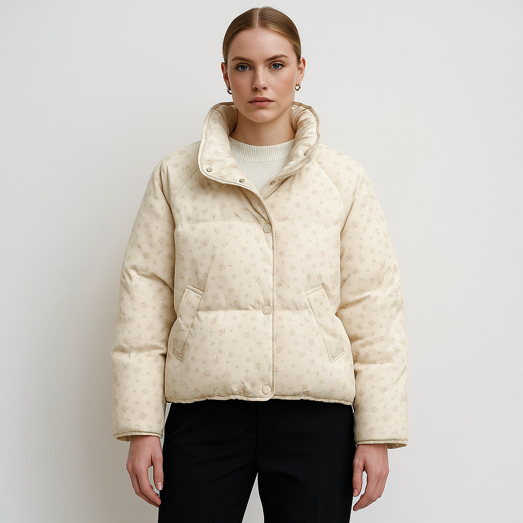 Petite White Duck Down Jacket Short Floral Women