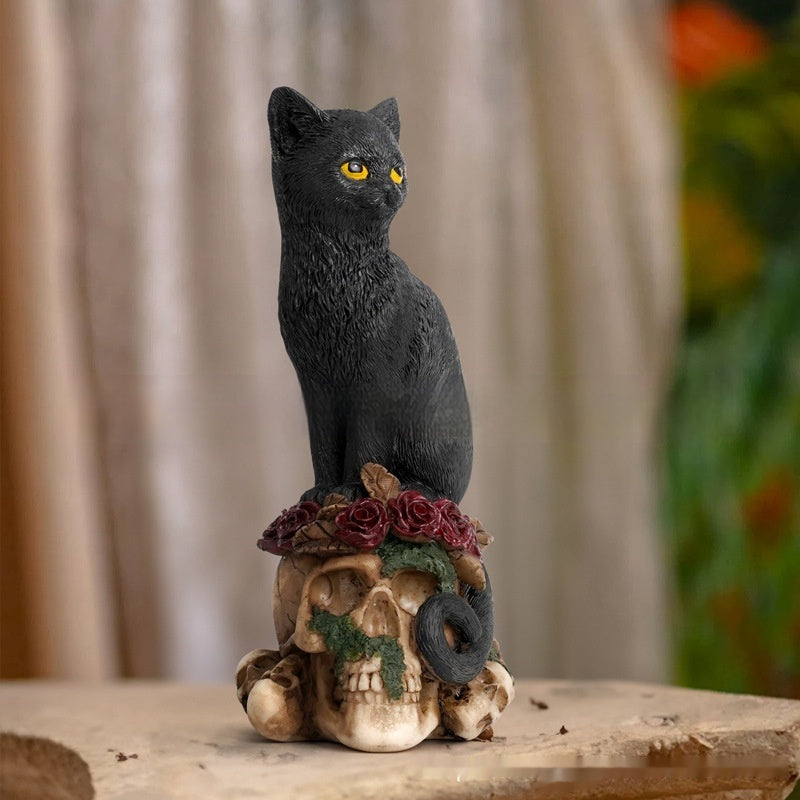 Mysterious Dark Style Skeleton Animal Cat And Crow Statue Decoration