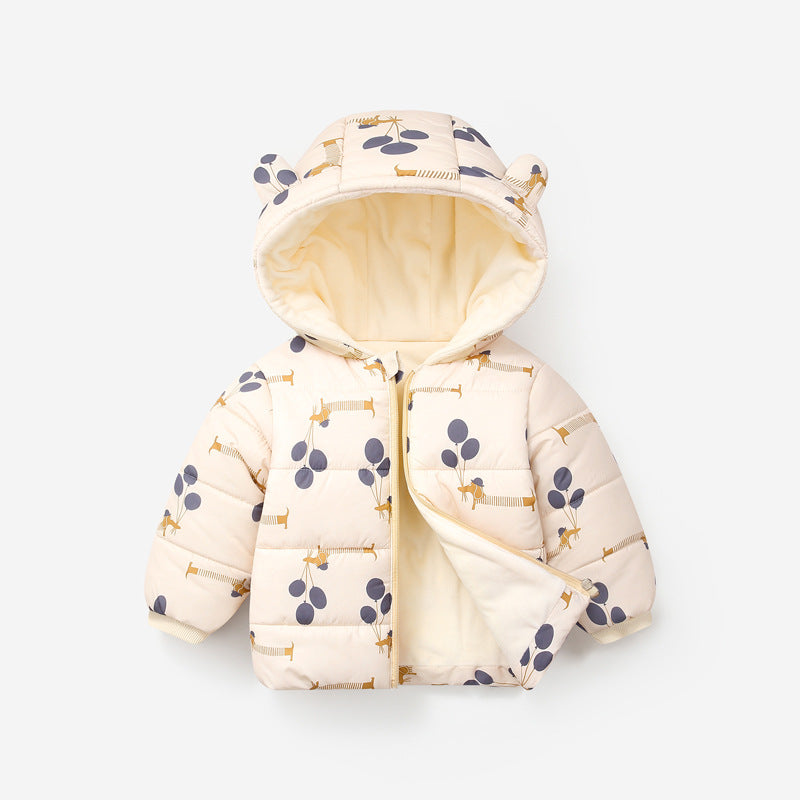 Down Cotton-padded Jacket With Fleece Thickened And Hooded For Infants And Toddlers