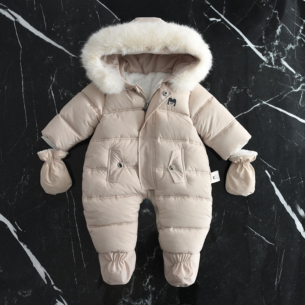 Fleece-lined Thick Large Fur Hooded Baby Jumpsuit
