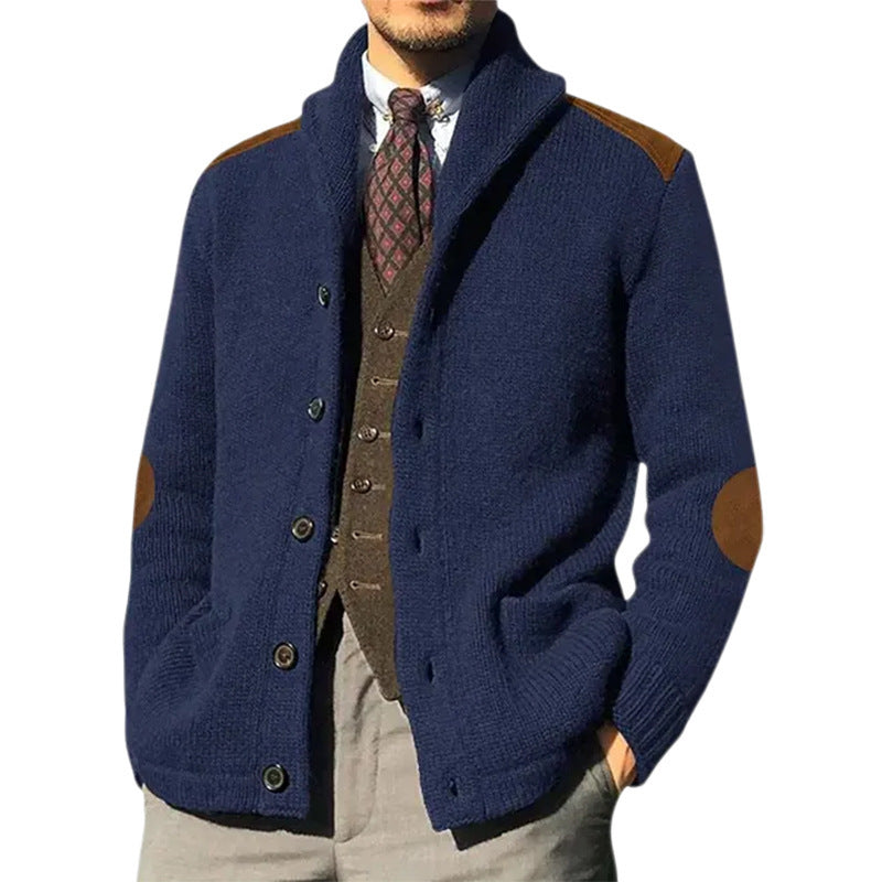 Structured Patchwork Knit Cardigan with Lapel Collar