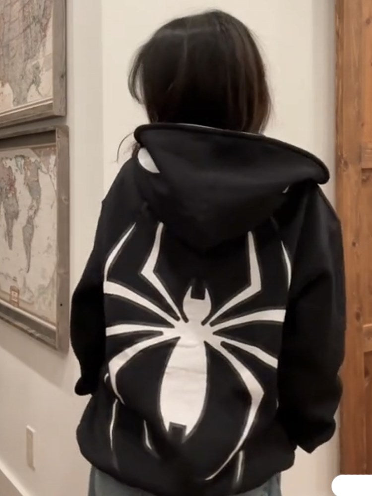 European & American Streetwear Hoodie with Spider Print & Zipper Design