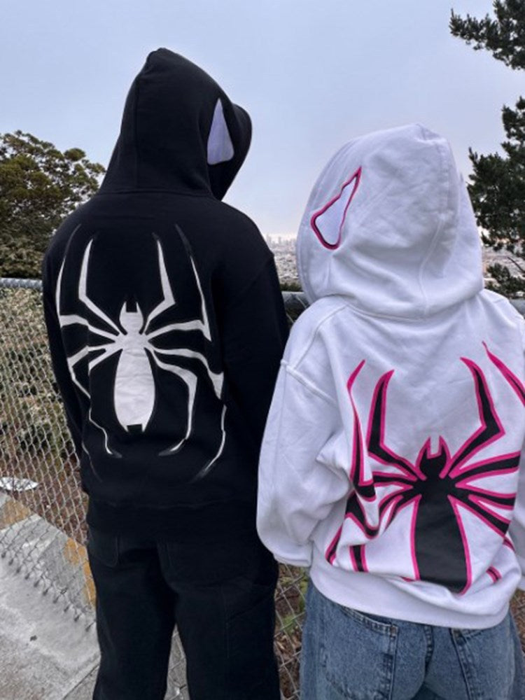 European & American Streetwear Hoodie with Spider Print & Zipper Design