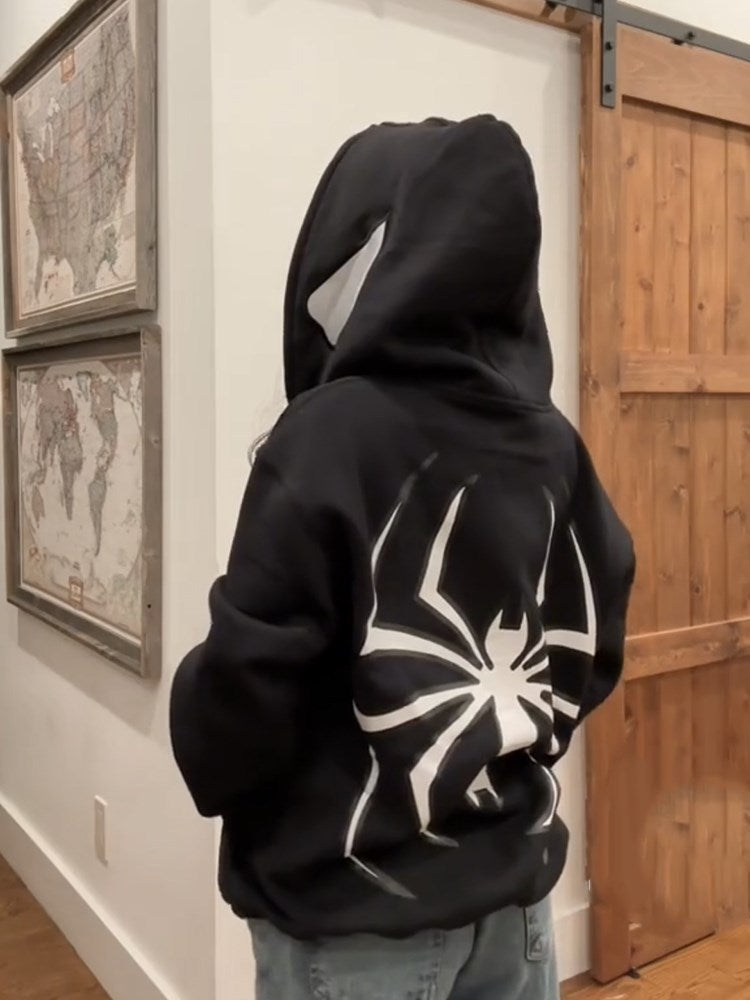 European & American Streetwear Hoodie with Spider Print & Zipper Design