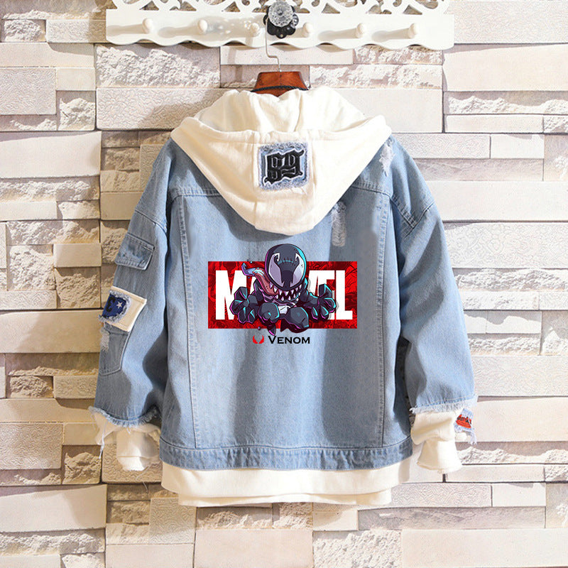 Unisex Marvel Anime Denim Jacket –  Casual Outerwear with Avengers Characters: Spider-Man, Hulk, Captain America