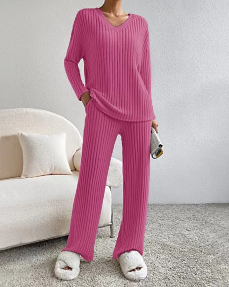 2025 New Autumn Women's Knit Set – Striped V-Neck Top & Straight-Leg Pants | Casual Two-Piece Outfit
