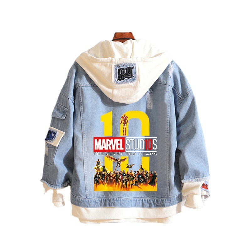 Unisex Marvel Anime Denim Jacket –  Casual Outerwear with Avengers Characters: Spider-Man, Hulk, Captain America