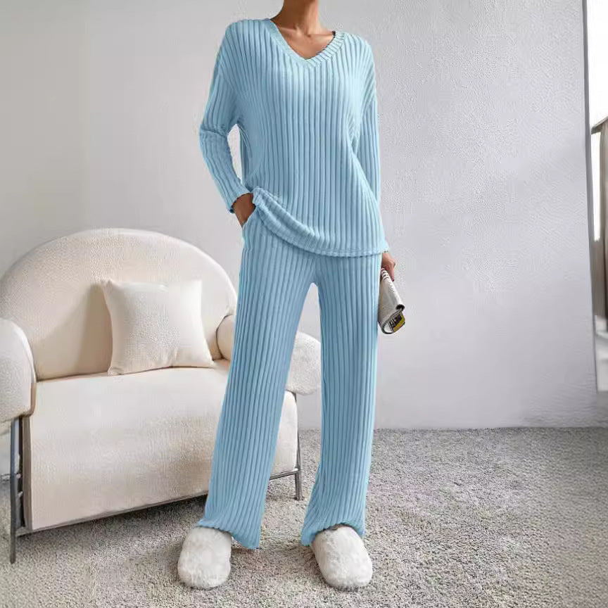 2025 New Autumn Women's Knit Set – Striped V-Neck Top & Straight-Leg Pants | Casual Two-Piece Outfit
