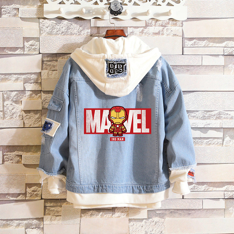 Unisex Marvel Anime Denim Jacket –  Casual Outerwear with Avengers Characters: Spider-Man, Hulk, Captain America