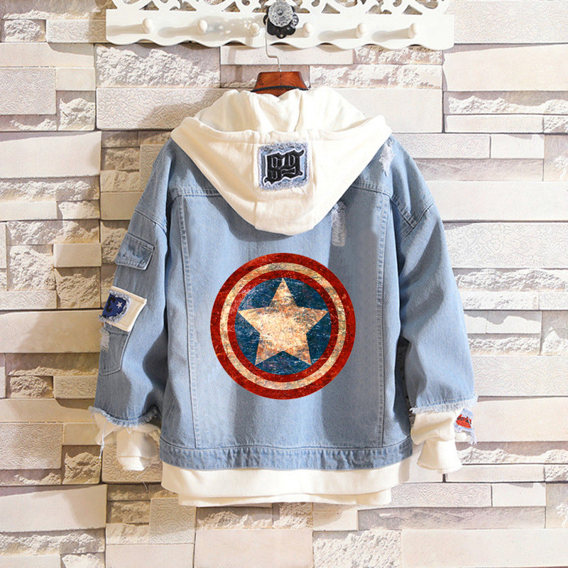 Unisex Marvel Anime Denim Jacket –  Casual Outerwear with Avengers Characters: Spider-Man, Hulk, Captain America