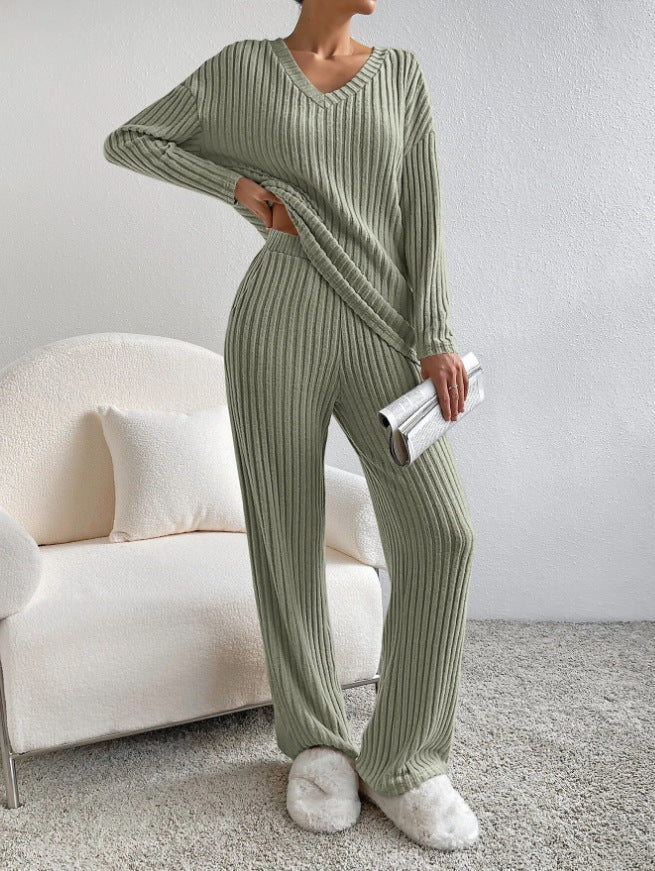 2025 New Autumn Women's Knit Set – Striped V-Neck Top & Straight-Leg Pants | Casual Two-Piece Outfit