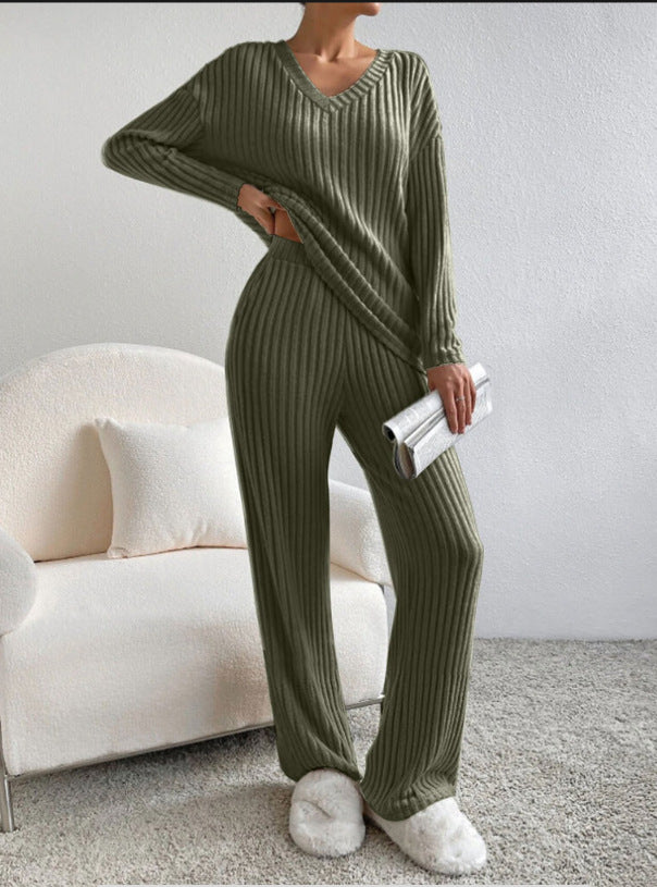 2025 New Autumn Women's Knit Set – Striped V-Neck Top & Straight-Leg Pants | Casual Two-Piece Outfit